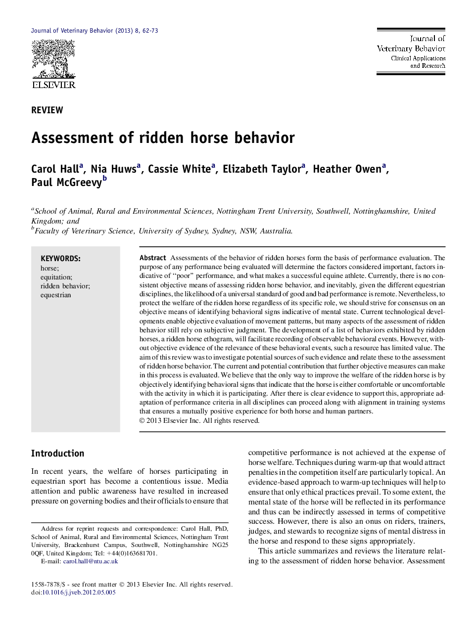 Assessment of ridden horse behavior