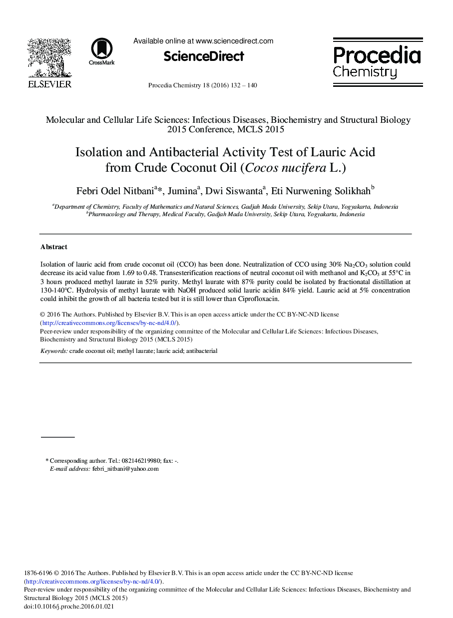 Isolation and Antibacterial Activity Test of Lauric Acid from Crude Coconut Oil (Cocos nucifera L.) 