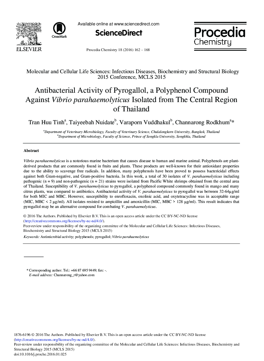 Antibacterial Activity of Pyrogallol, a Polyphenol Compound against Vibrio parahaemolyticus Isolated from The Central Region of Thailand 