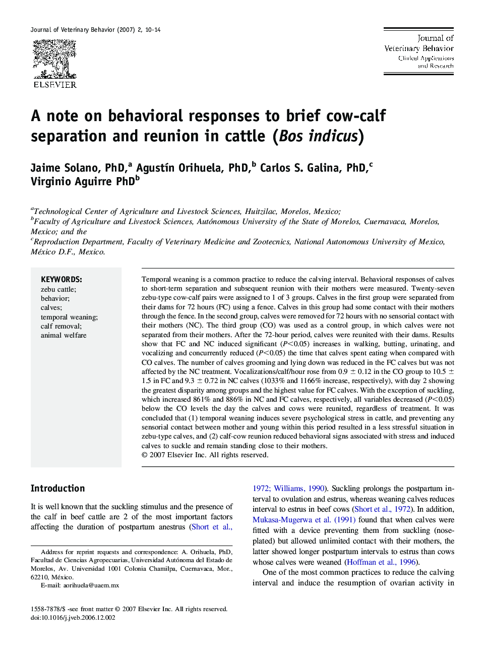 A note on behavioral responses to brief cow-calf separation and reunion in cattle (Bos indicus)