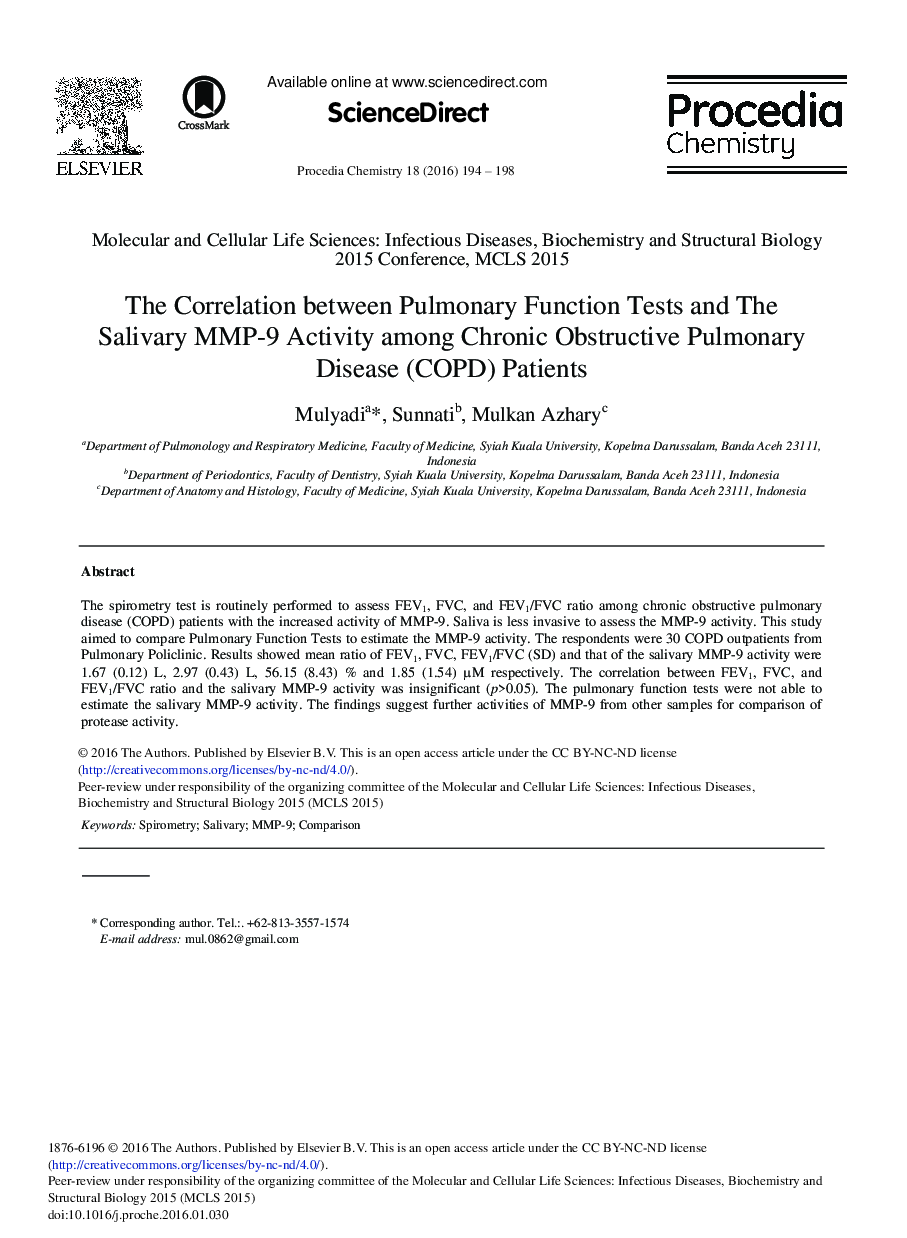 The Correlation between Pulmonary Function Tests and the Salivary MMP-9 Activity among Chronic Obstructive Pulmonary Disease (COPD) Patients 