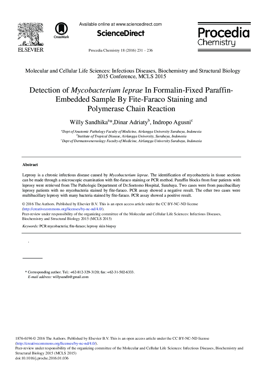 Detection of Mycobacterium leprae in Formalin-Fixed Paraffin-Embedded Sample by Fite-Faraco Staining and Polymerase Chain Reaction 