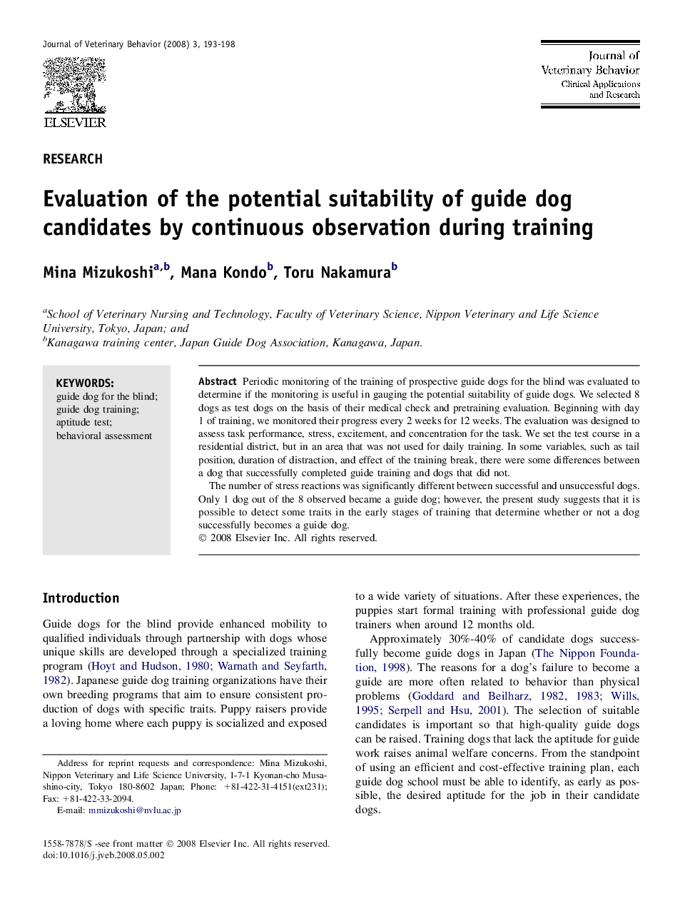 Evaluation of the potential suitability of guide dog candidates by continuous observation during training