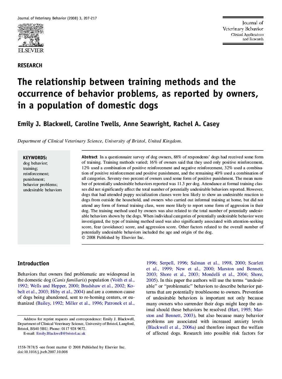 The relationship between training methods and the occurrence of behavior problems, as reported by owners, in a population of domestic dogs