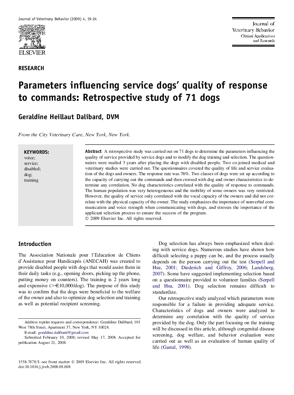 Parameters influencing service dogs' quality of response to commands: Retrospective study of 71 dogs