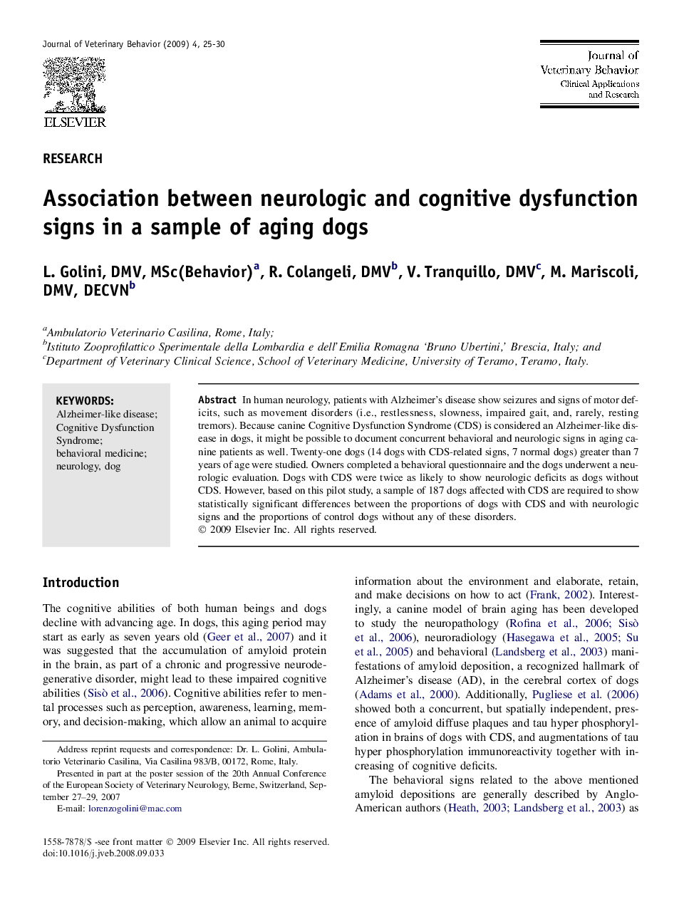 Association between neurologic and cognitive dysfunction signs in a sample of aging dogs 