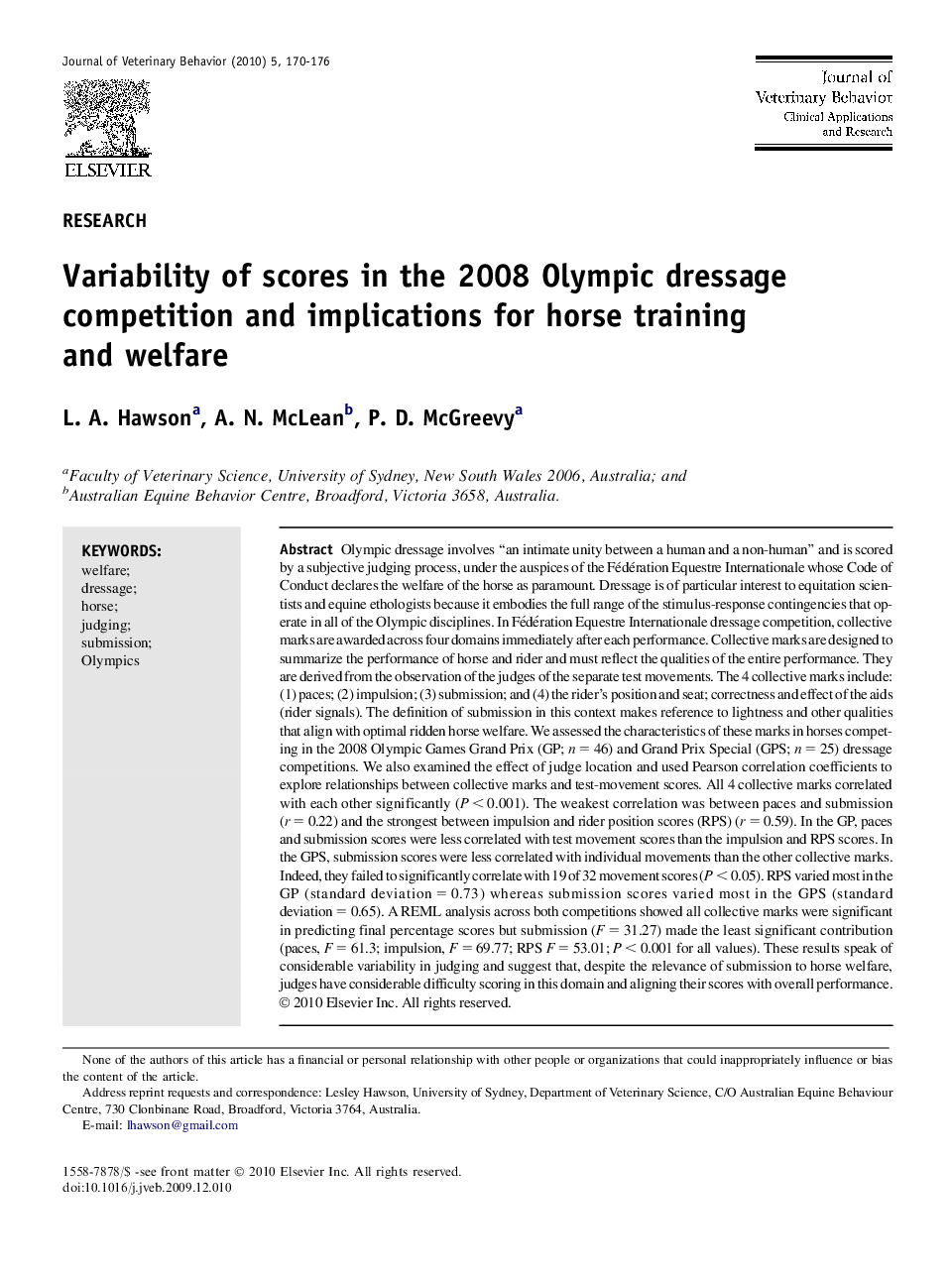 Variability of scores in the 2008 Olympic dressage competition and implications for horse training and welfare 