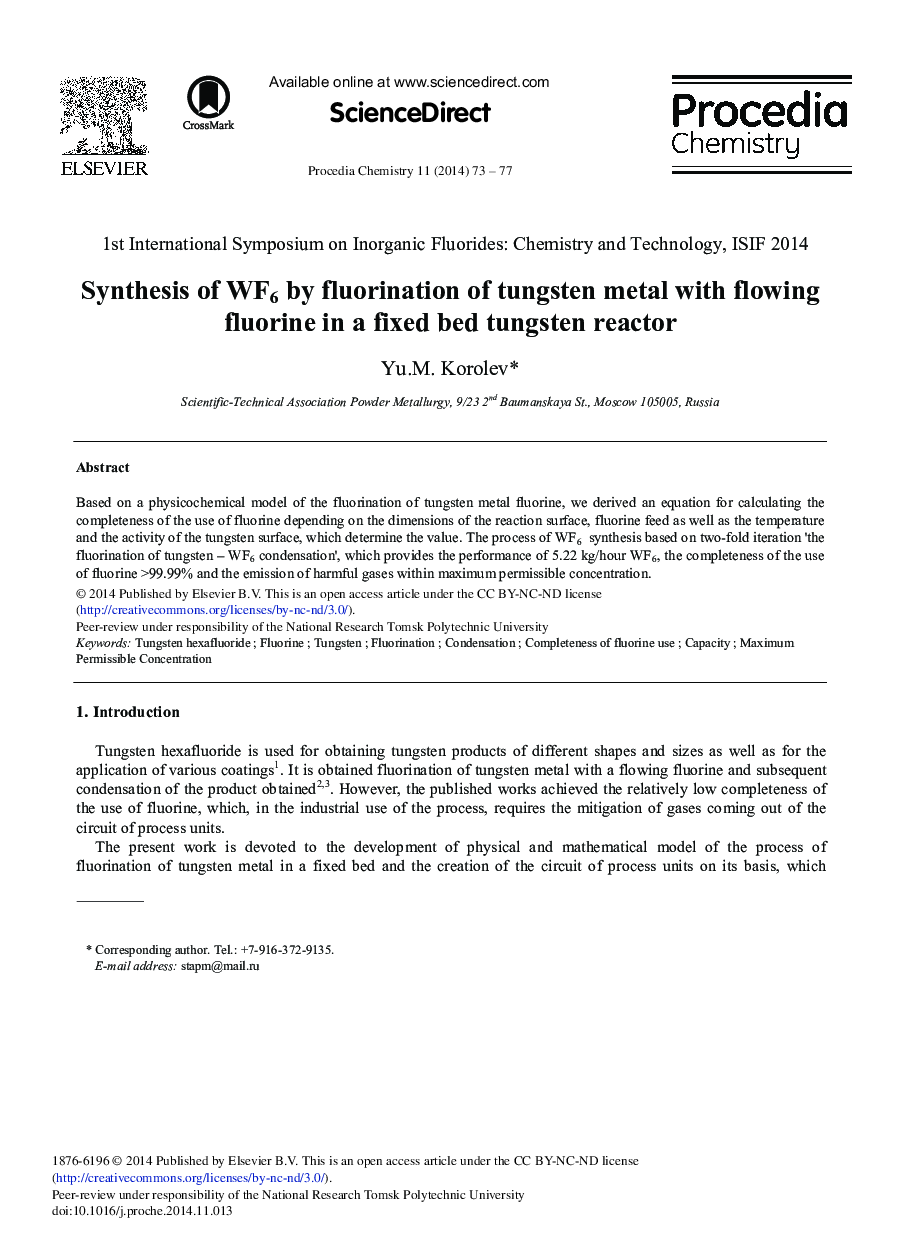 Synthesis of WF6 by Fluorination of Tungsten Metal with Flowing Fluorine in a Fixed Bed Tungsten Reactor 