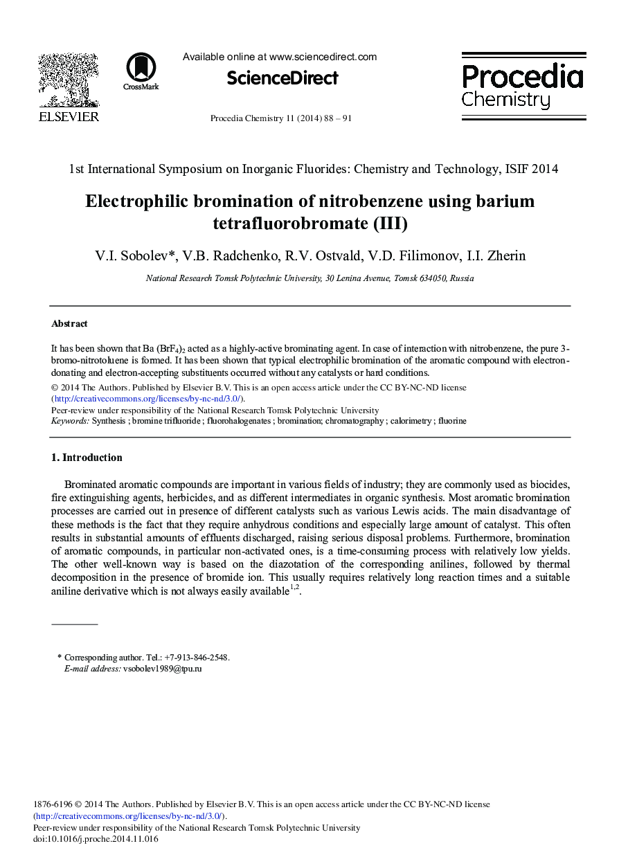 Electrophilic Bromination of Nitrobenzene Using Barium Tetrafluorobromate (III) 