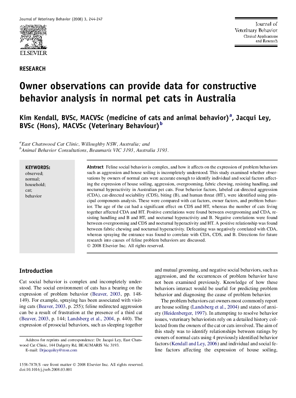 Owner observations can provide data for constructive behavior analysis in normal pet cats in Australia