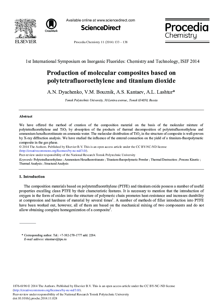 Production of Molecular Composites Based on Polytetrafluoroethylene and Titanium Dioxide 