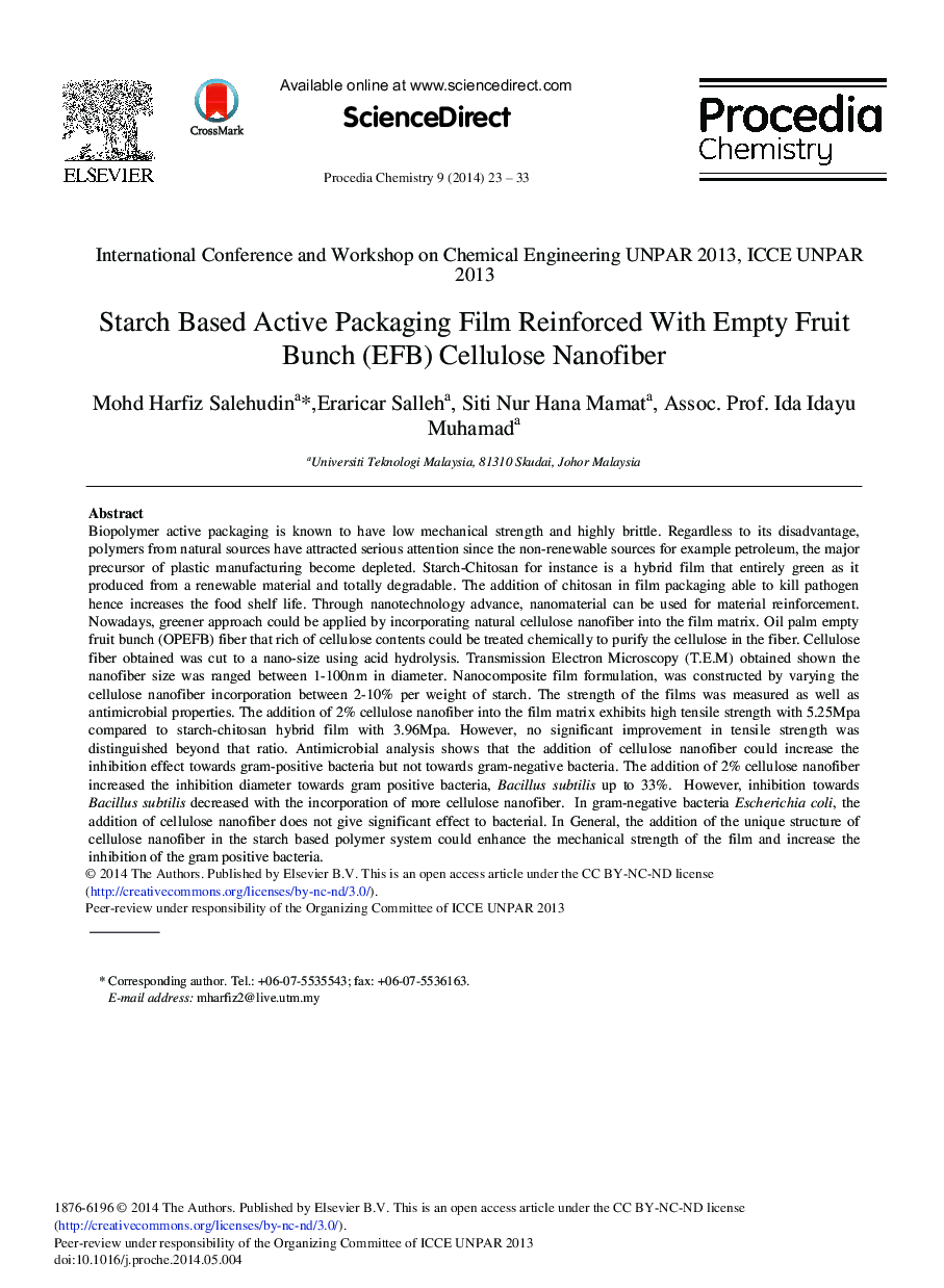 Starch based Active Packaging Film Reinforced with Empty Fruit Bunch (EFB) Cellulose Nanofiber 