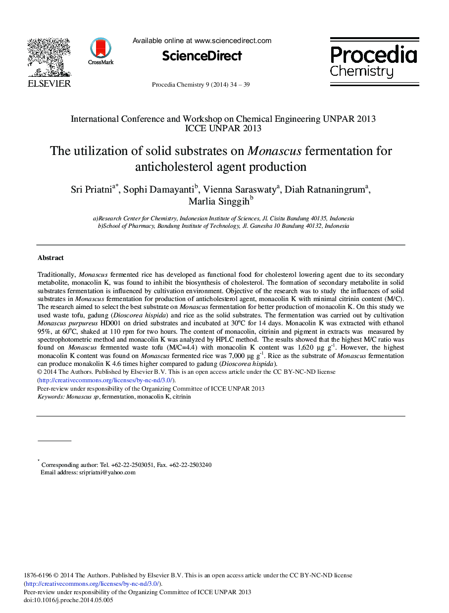 The Utilization of Solid Substrates on Monascus Fermentation for Anticholesterol Agent Production 