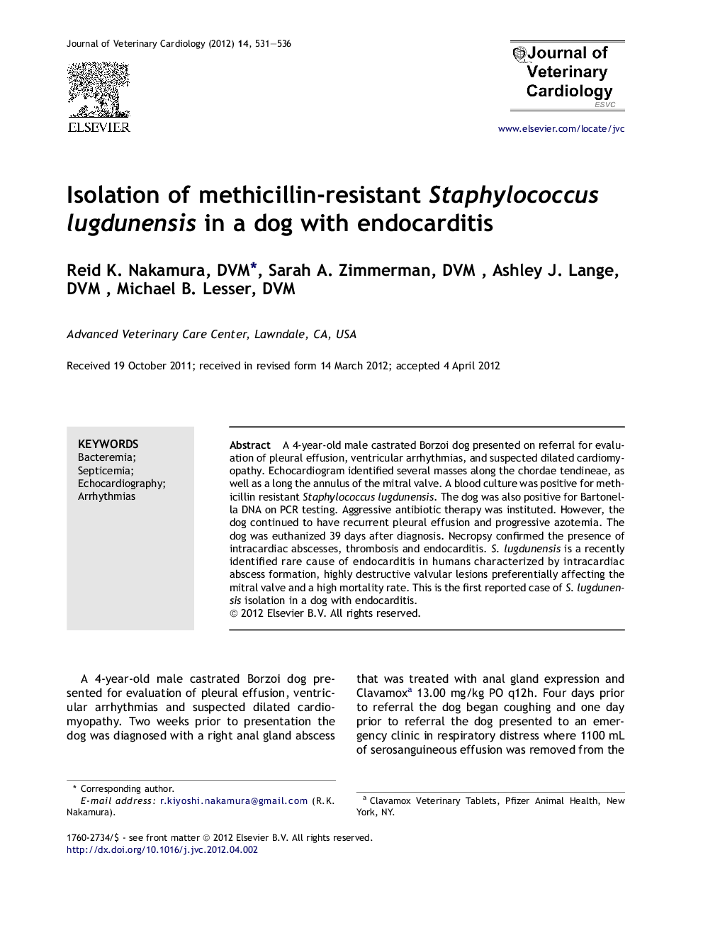 Isolation of methicillin-resistant Staphylococcus lugdunensis in a dog with endocarditis