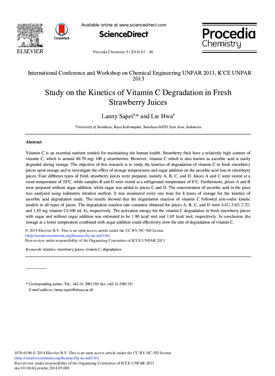 Study on the Kinetics of Vitamin C Degradation in Fresh Strawberry Juices 
