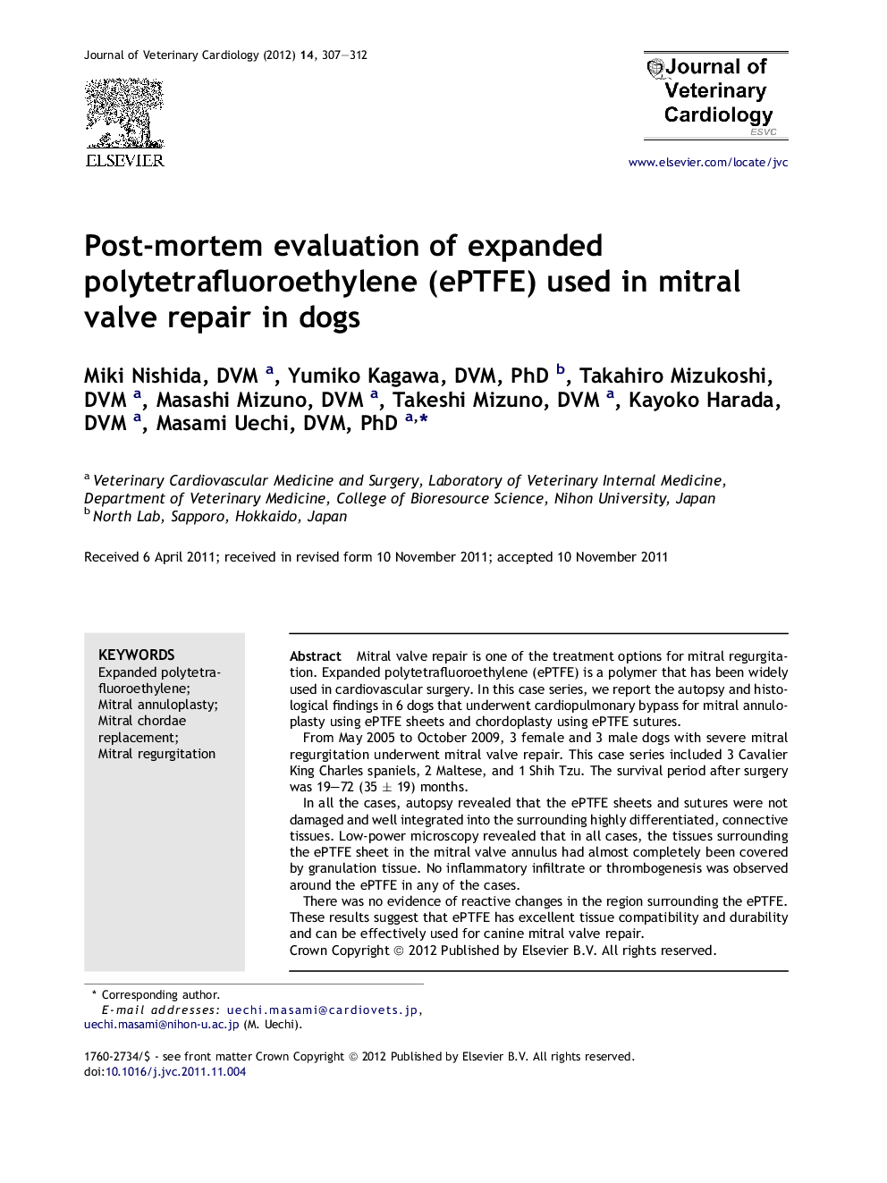 Post-mortem evaluation of expanded polytetrafluoroethylene (ePTFE) used in mitral valve repair in dogs