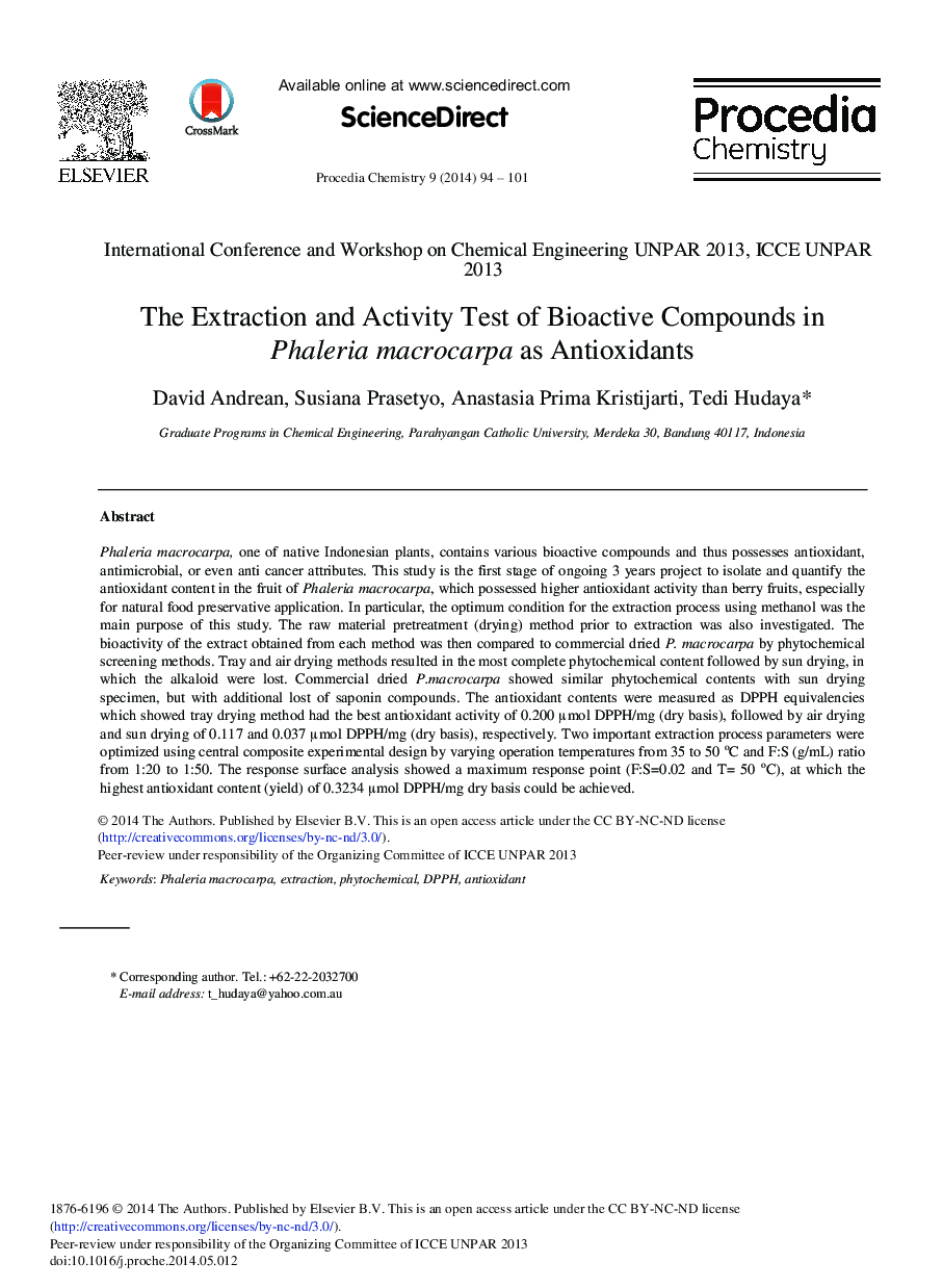 The Extraction and Activity Test of Bioactive Compounds in Phaleria Macrocarpa as Antioxidants 