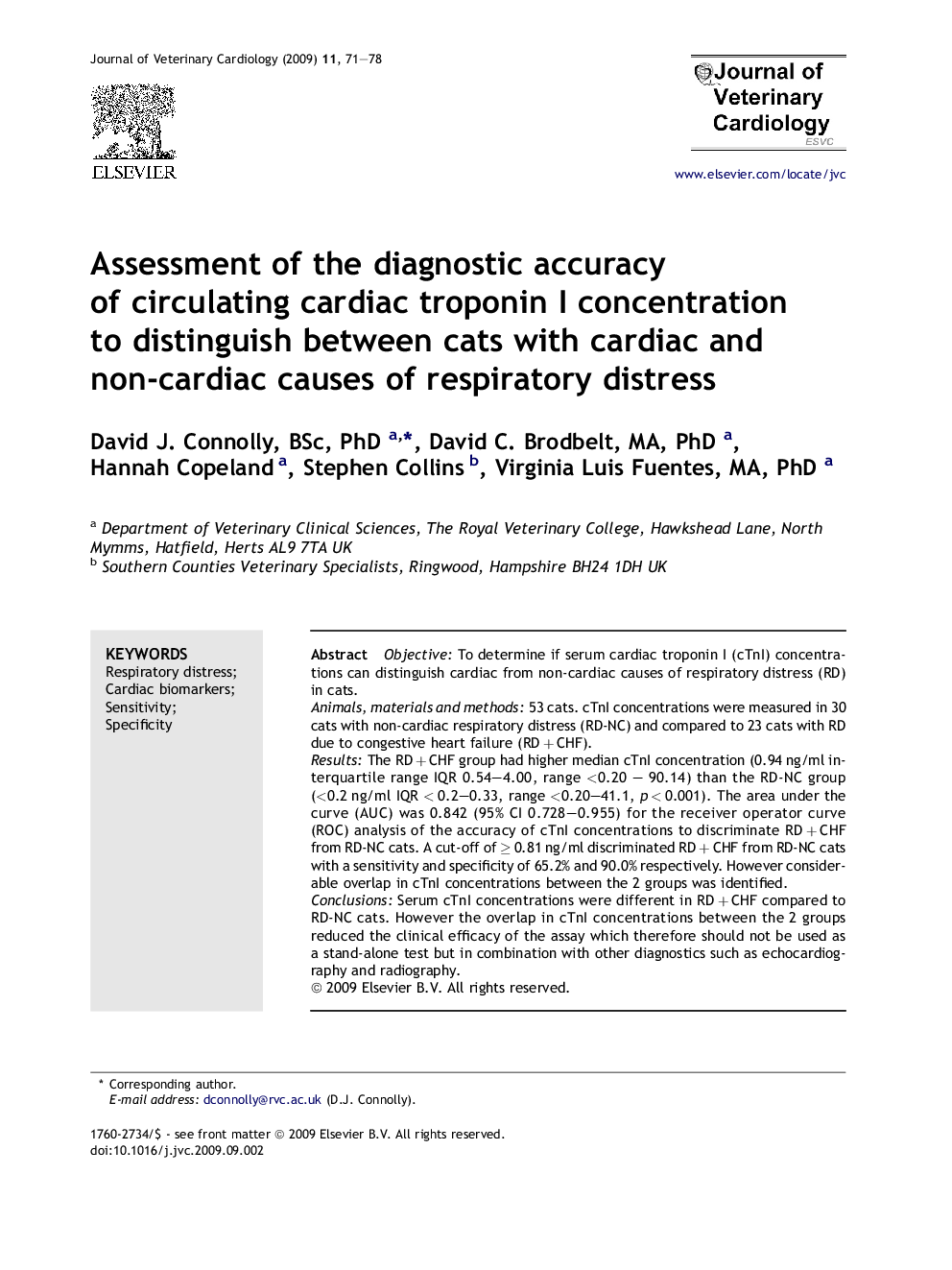 Assessment of the diagnostic accuracy of circulating cardiac troponin I concentration to distinguish between cats with cardiac and non-cardiac causes of respiratory distress