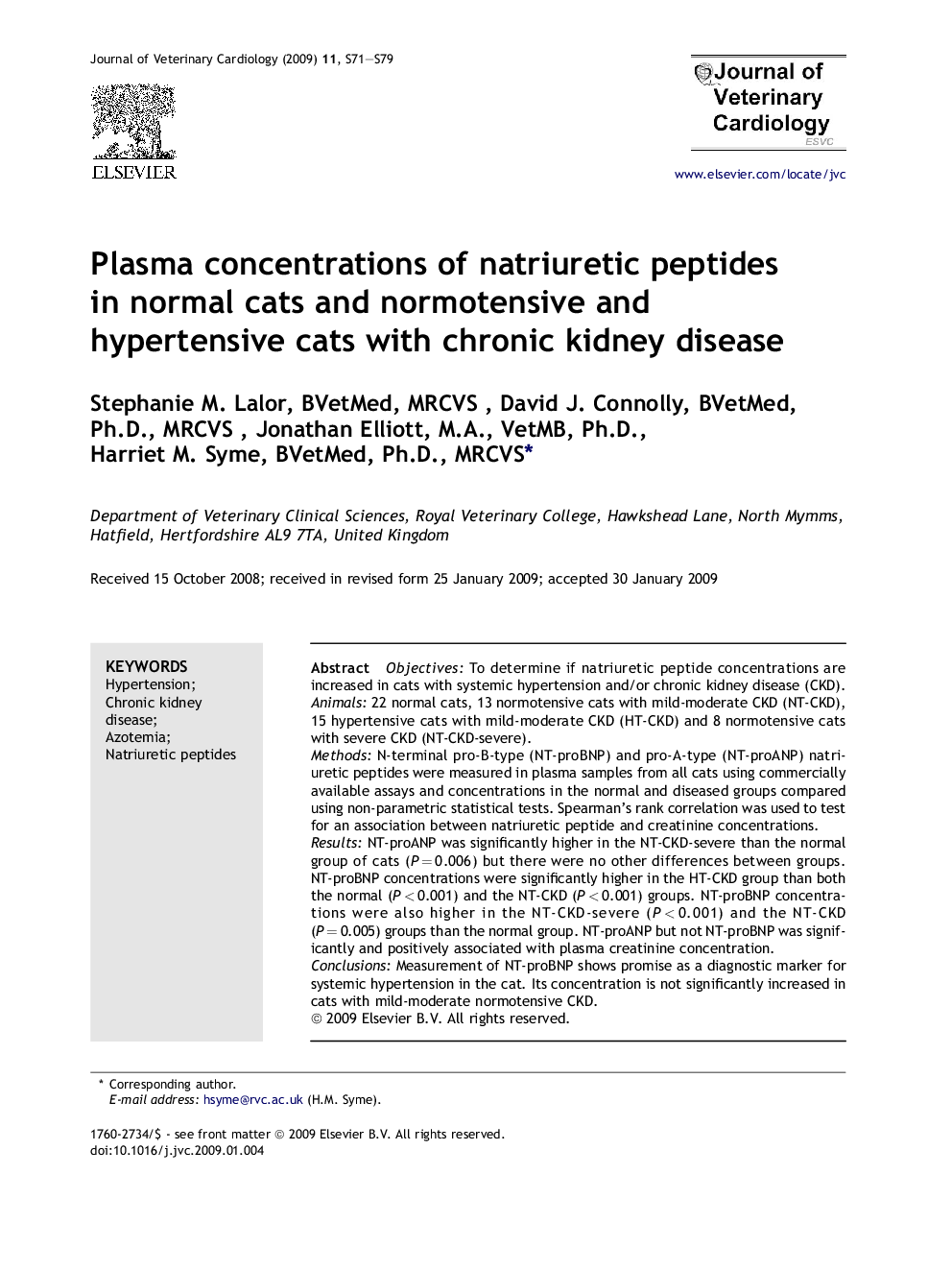 Plasma concentrations of natriuretic peptides in normal cats and normotensive and hypertensive cats with chronic kidney disease