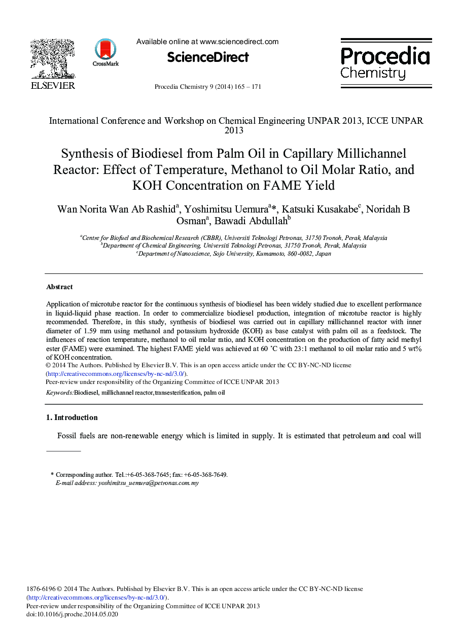 Synthesis of Biodiesel from Palm Oil in Capillary Millichannel Reactor: Effect of Temperature, Methanol to Oil Molar Ratio, and KOH Concentration on FAME Yield 