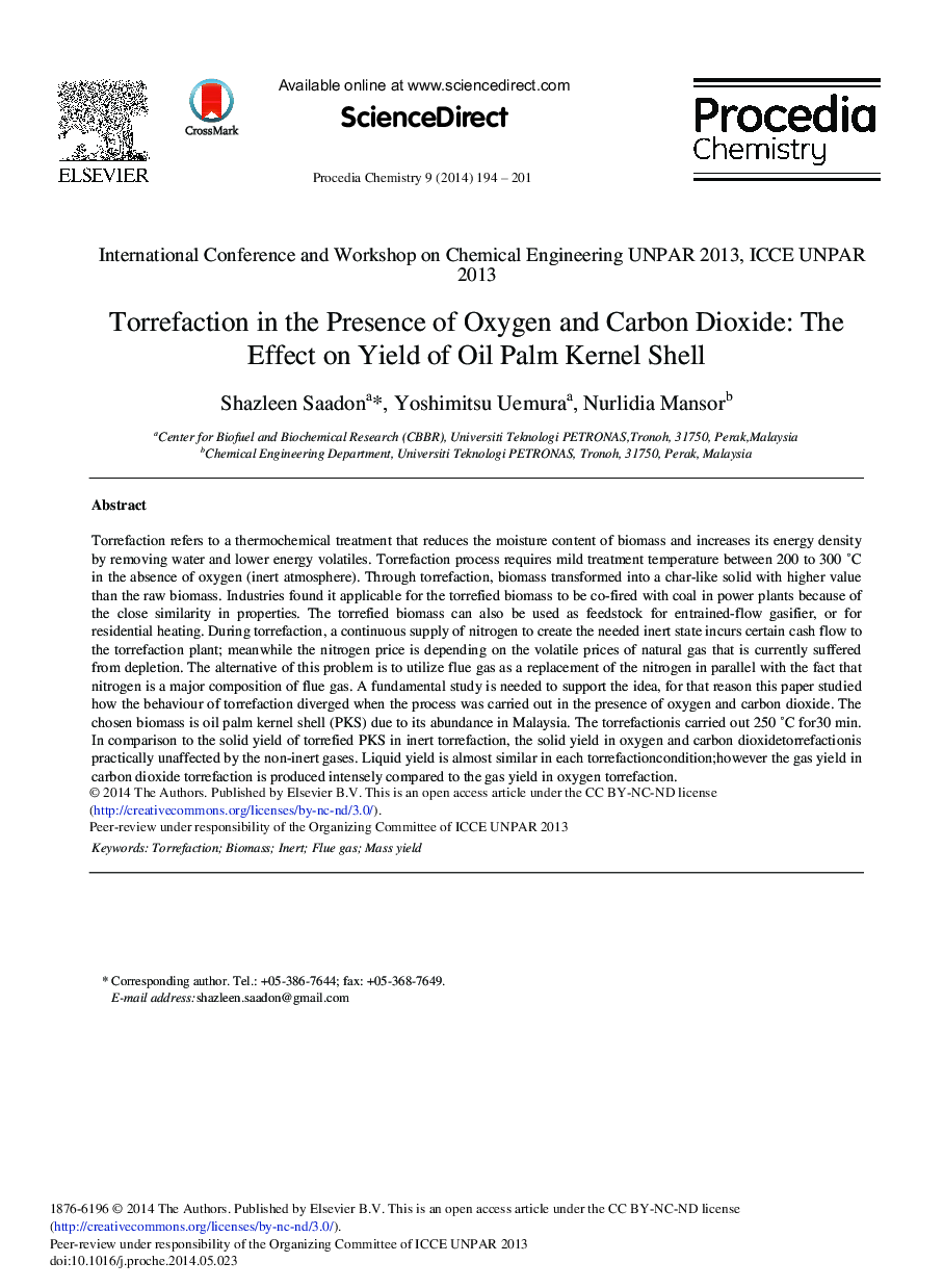 Torrefaction in the Presence of Oxygen and Carbon Dioxide: The Effect on Yield of Oil Palm Kernel Shell 
