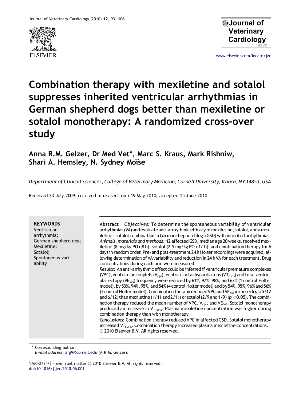 Combination therapy with mexiletine and sotalol suppresses inherited ventricular arrhythmias in German shepherd dogs better than mexiletine or sotalol monotherapy: A randomized cross-over study