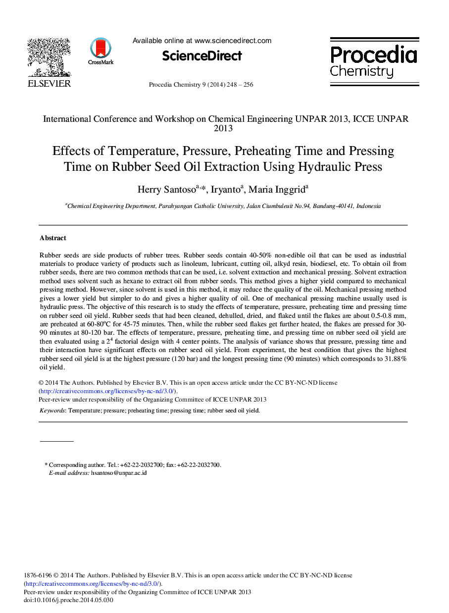 Effects of Temperature, Pressure, Preheating Time and Pressing Time on Rubber Seed Oil Extraction Using Hydraulic Press 