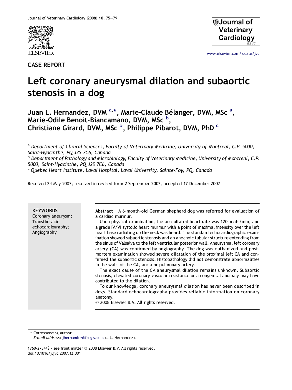 Left coronary aneurysmal dilation and subaortic stenosis in a dog