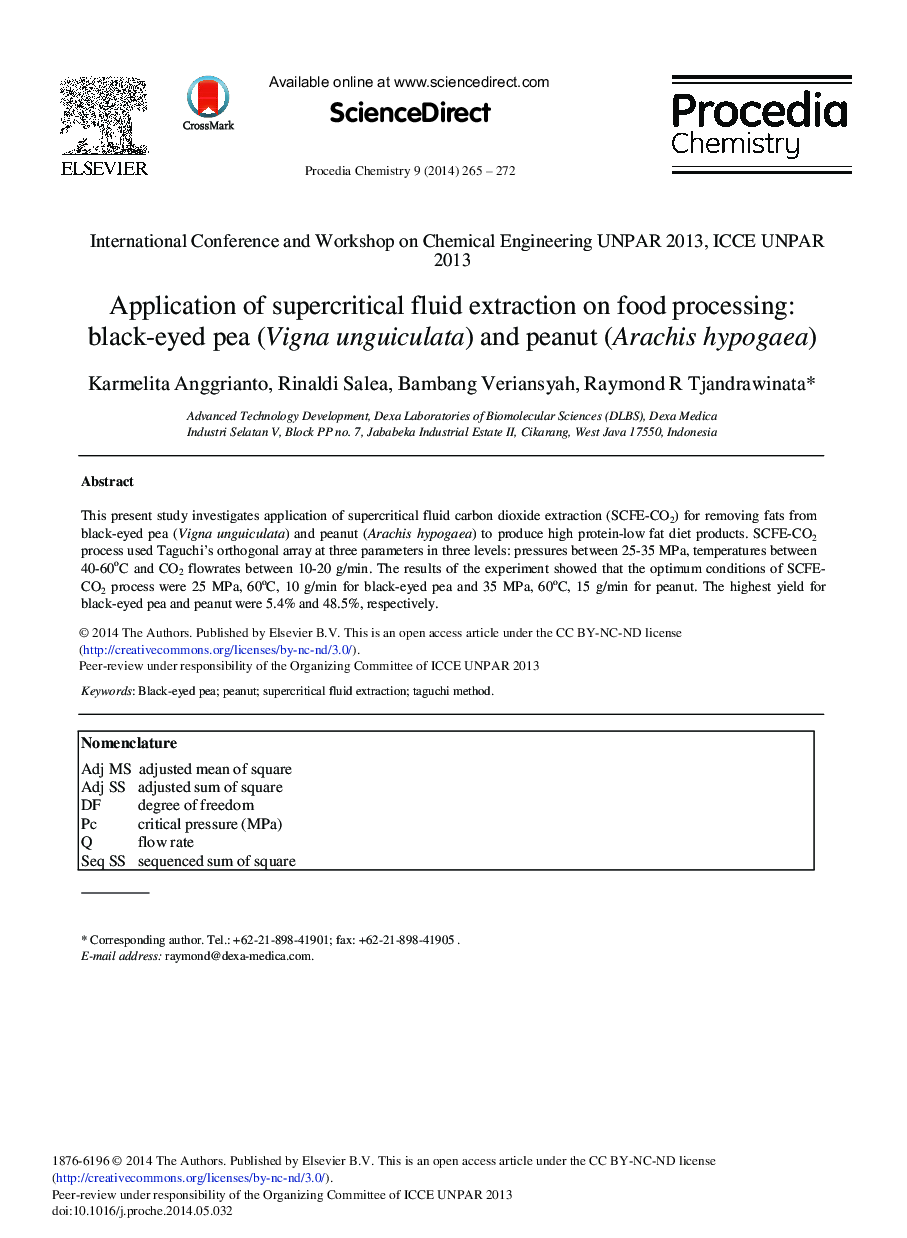 Application of Supercritical Fluid Extraction on Food Processing: Black-eyed Pea (Vigna Unguiculata) and Peanut (Arachis Hypogaea) 