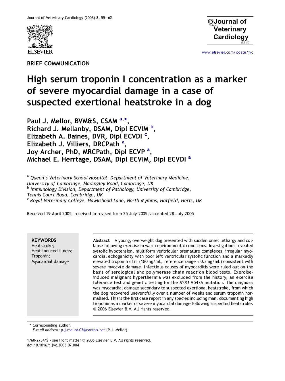 High serum troponin I concentration as a marker of severe myocardial damage in a case of suspected exertional heatstroke in a dog