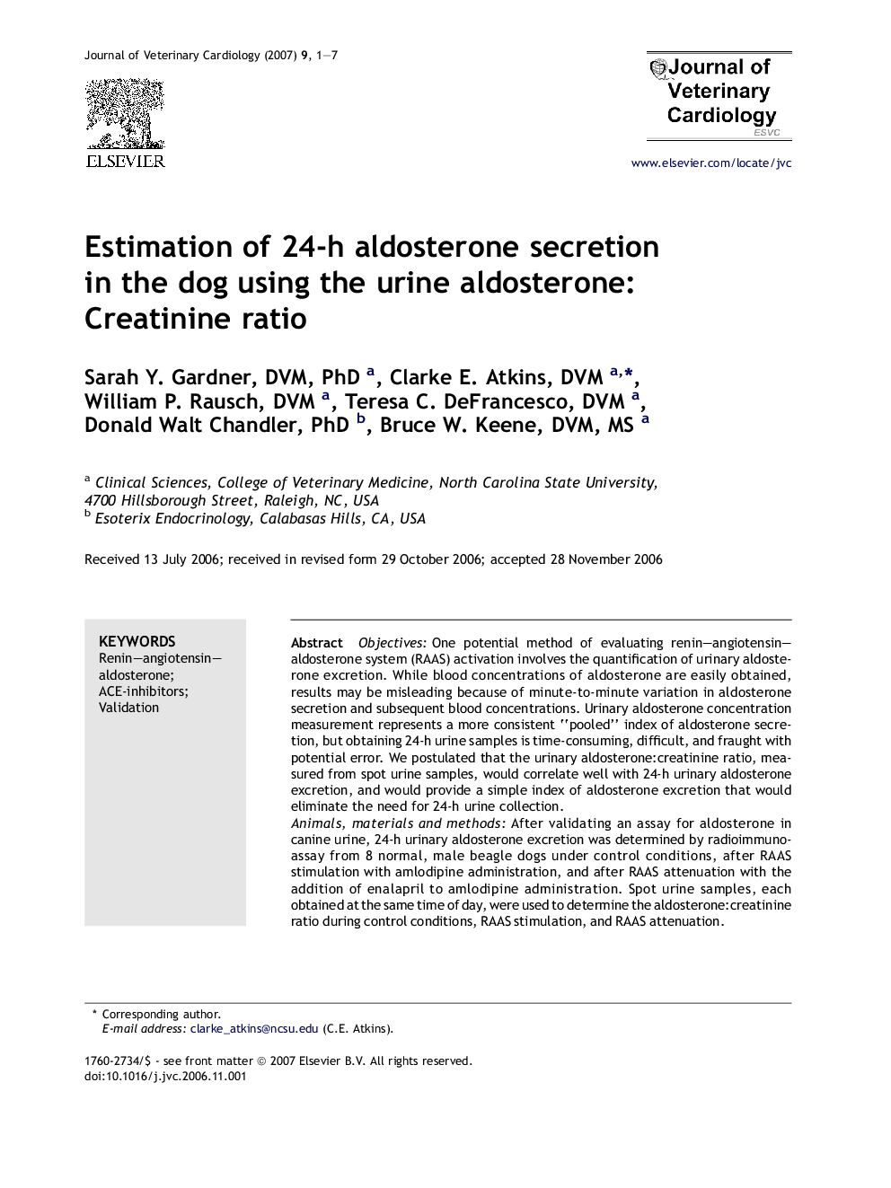 Estimation of 24-h aldosterone secretion in the dog using the urine aldosterone:Creatinine ratio