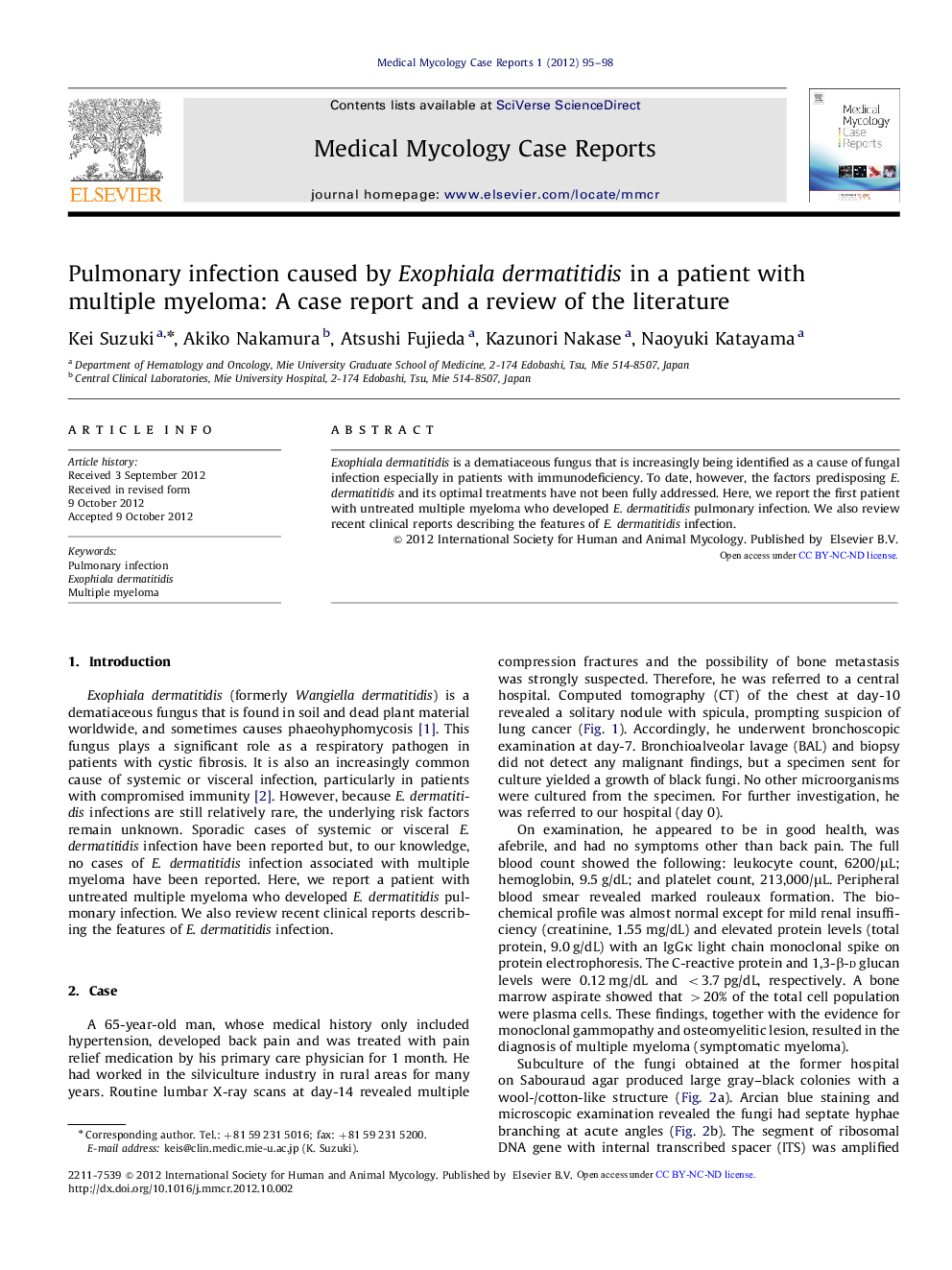 Pulmonary infection caused by Exophiala dermatitidis in a patient with multiple myeloma: A case report and a review of the literature