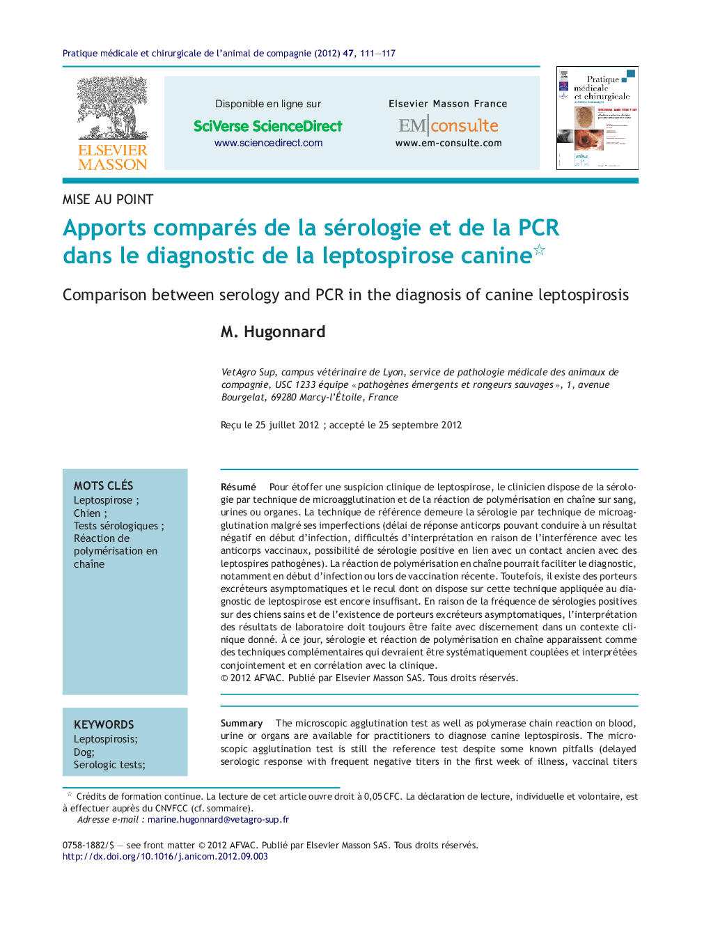 Apports comparés de la sérologie et de la PCR dans le diagnostic de la leptospirose canine 