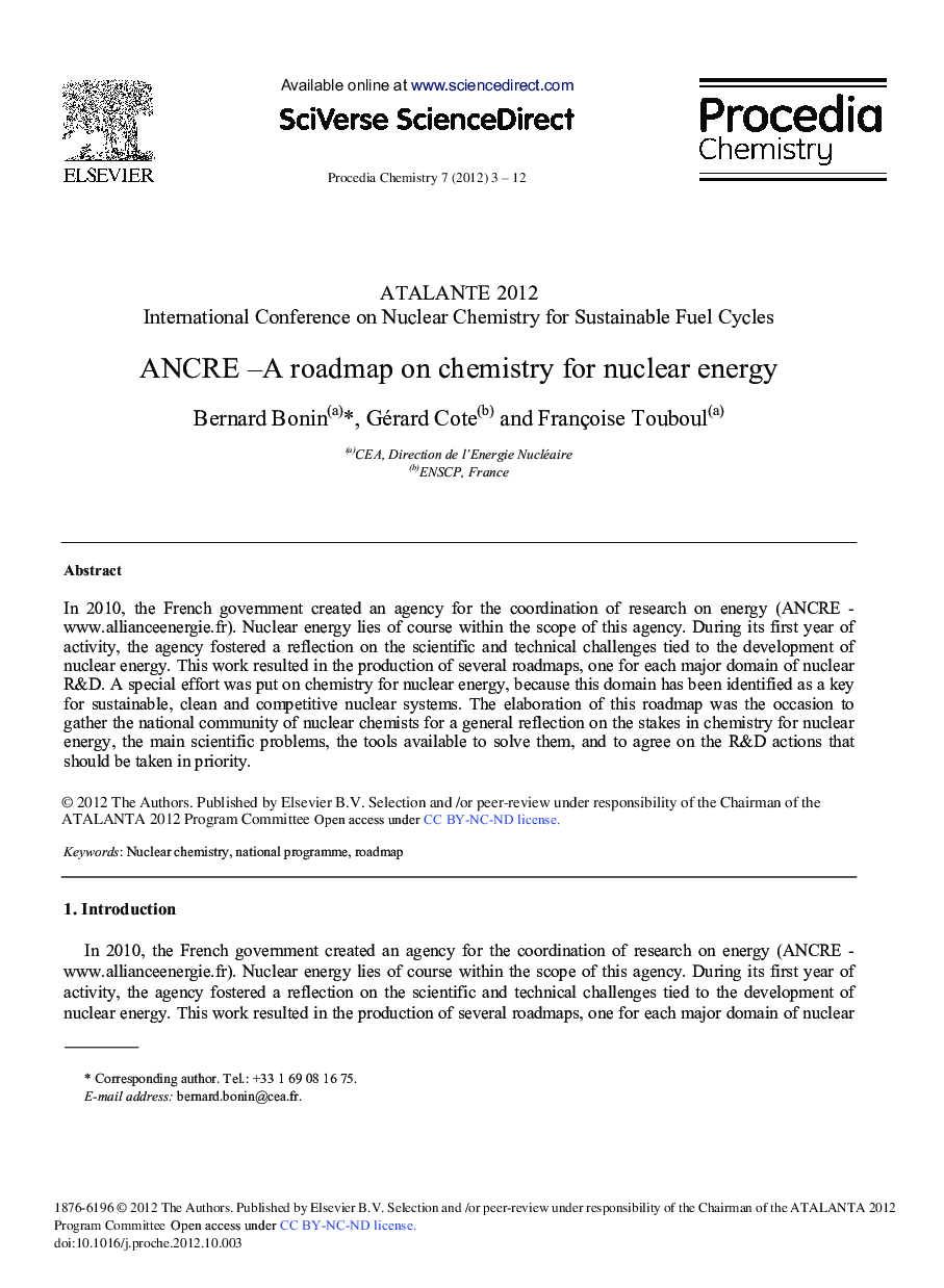 ANCRE-A Roadmap on Chemistry for Nuclear Energy 