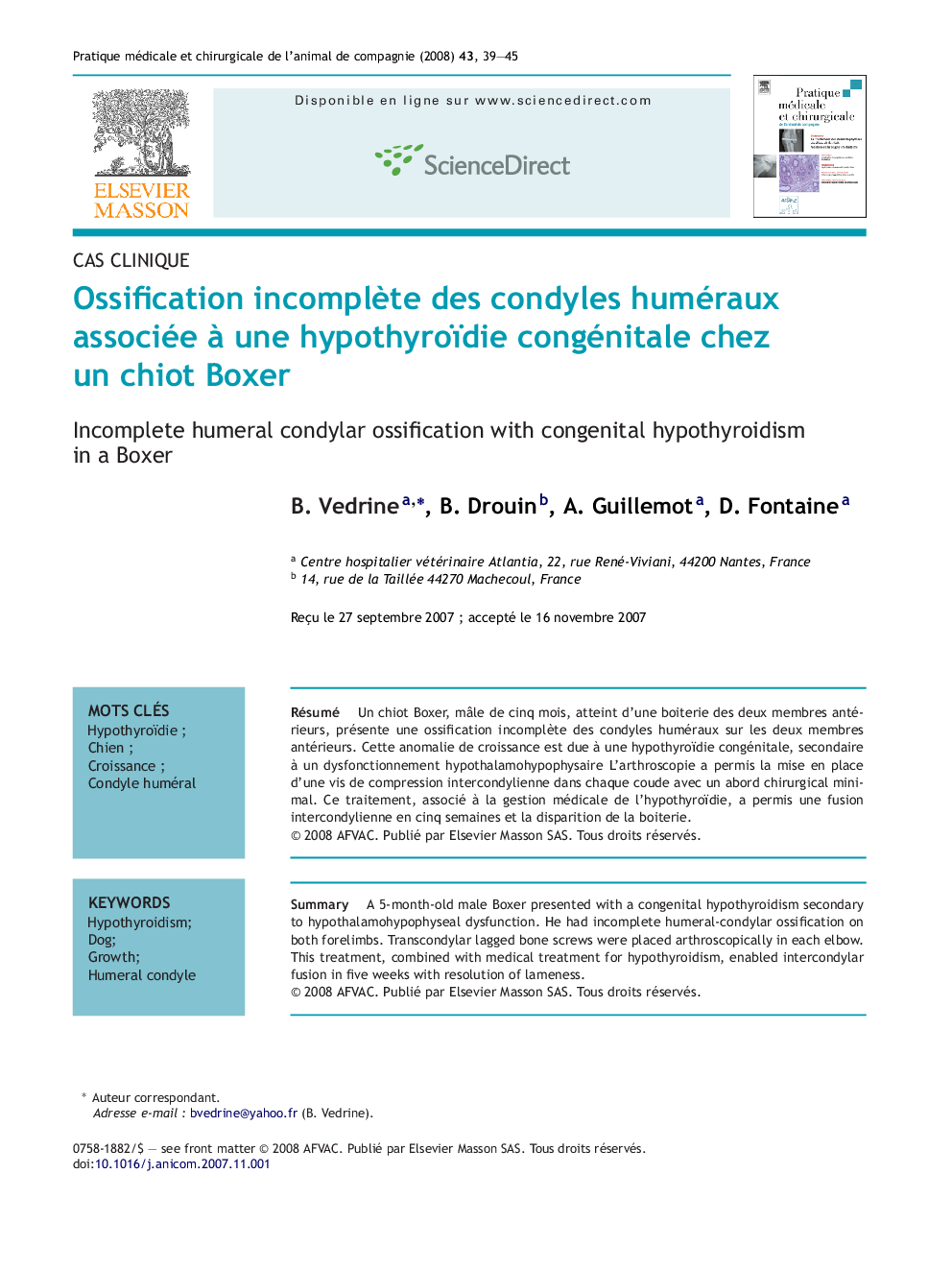 Ossification incomplète des condyles huméraux associée à une hypothyroïdie congénitale chez un chiot Boxer