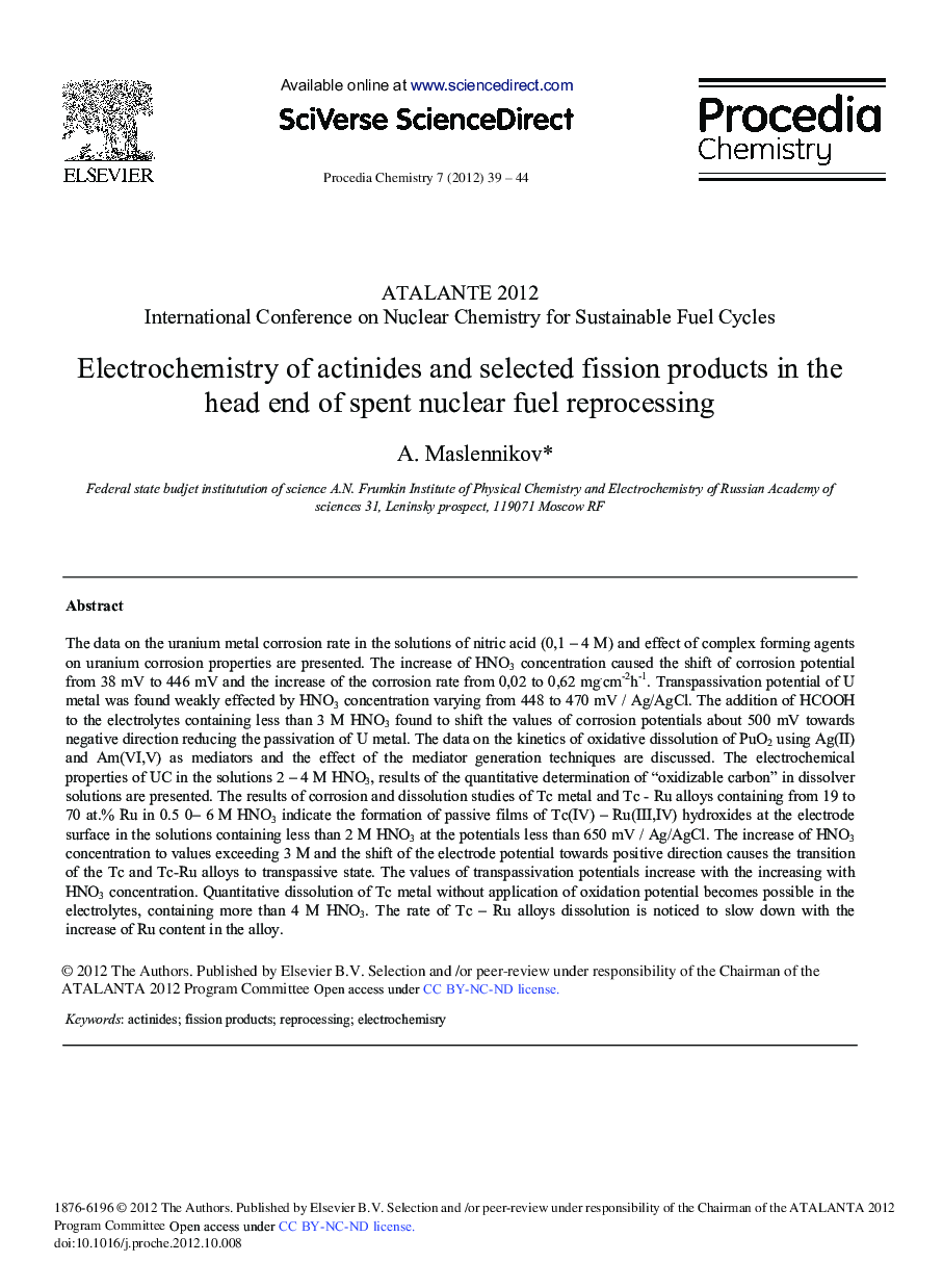 Electrochemistry of Actinides and Selected Fission Products in the Head End of Spent Nuclear Fuel Reprocessing 
