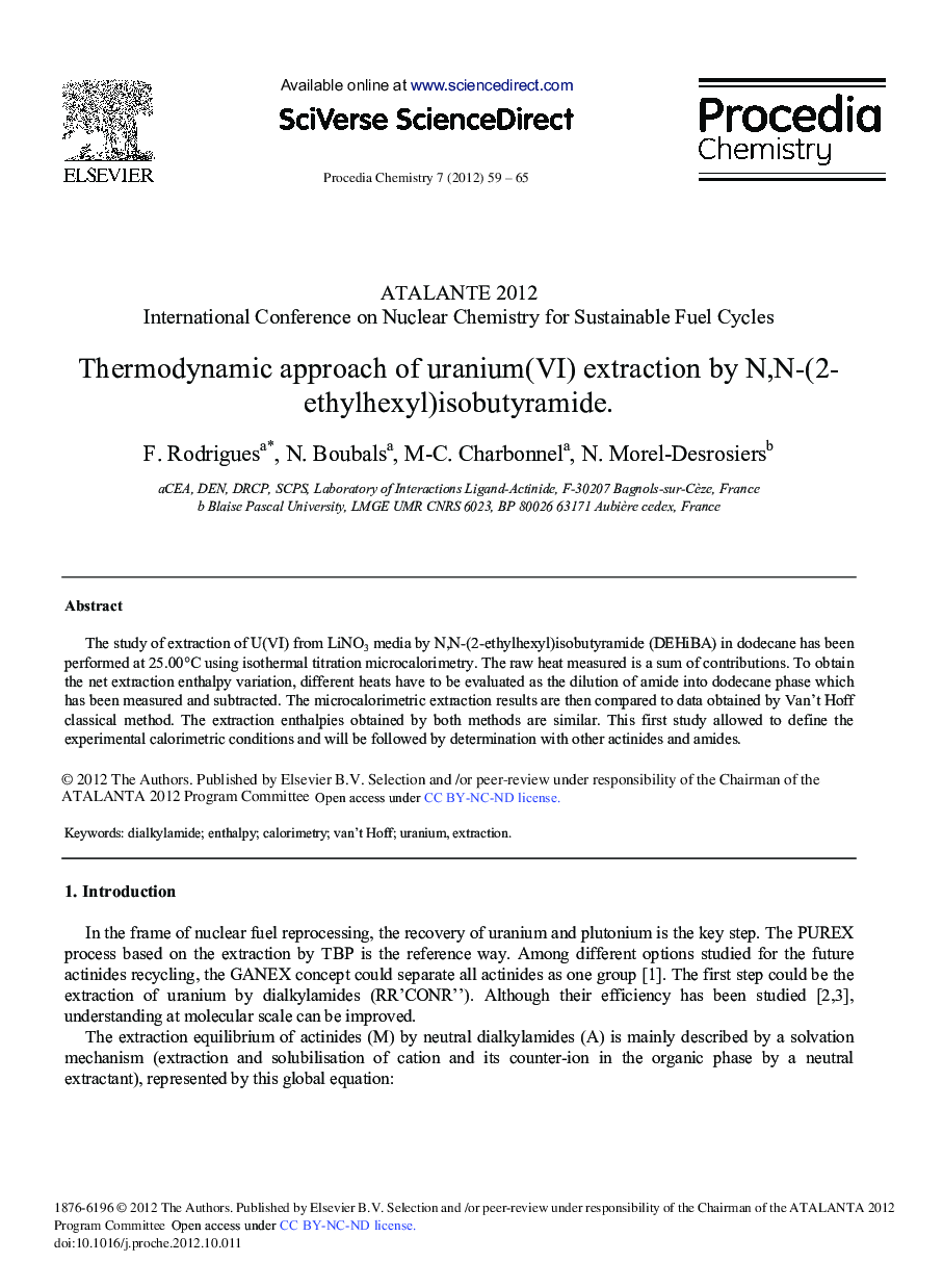 Thermodynamic Approach of Uranium(VI) Extraction by N,N-(2–ethylhexyl)Isobutyramide 