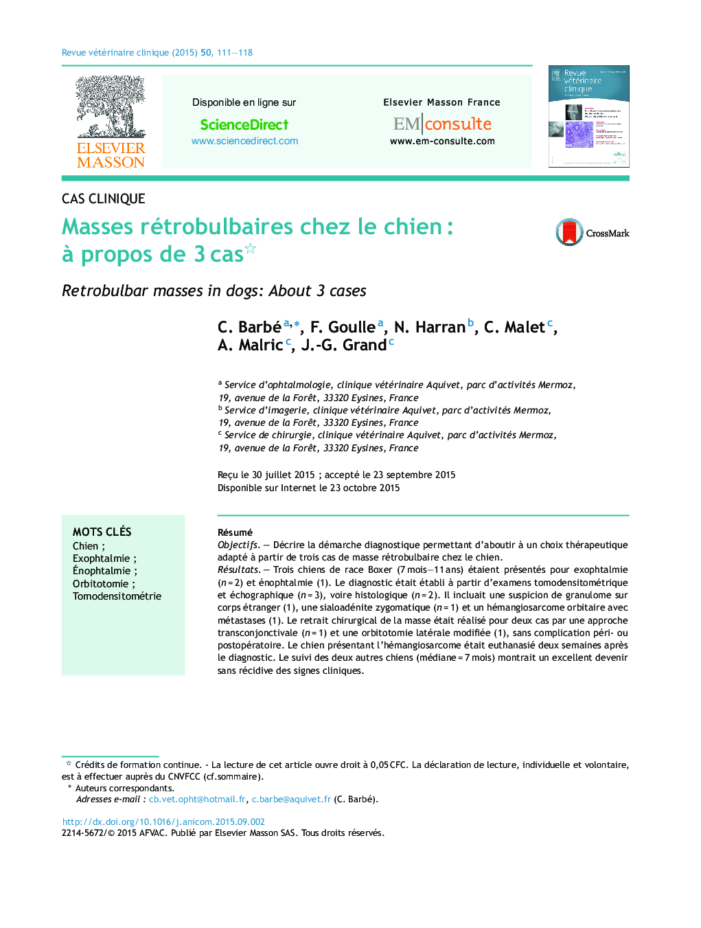 Masses rétrobulbaires chez le chien : à propos de 3 cas 