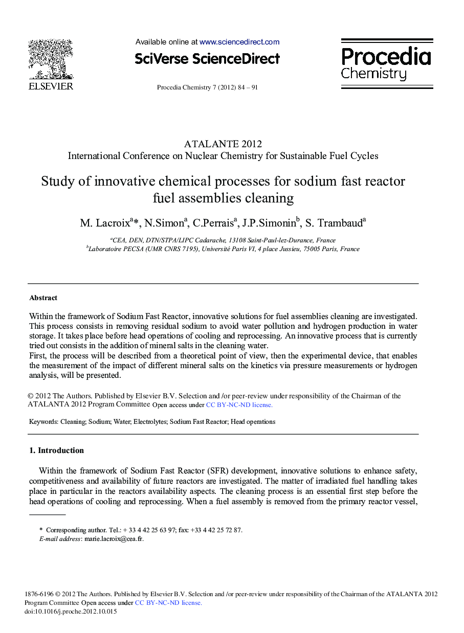 Study of Innovative Chemical Processes for Sodium Fast Reactor Fuel Assemblies Cleaning 