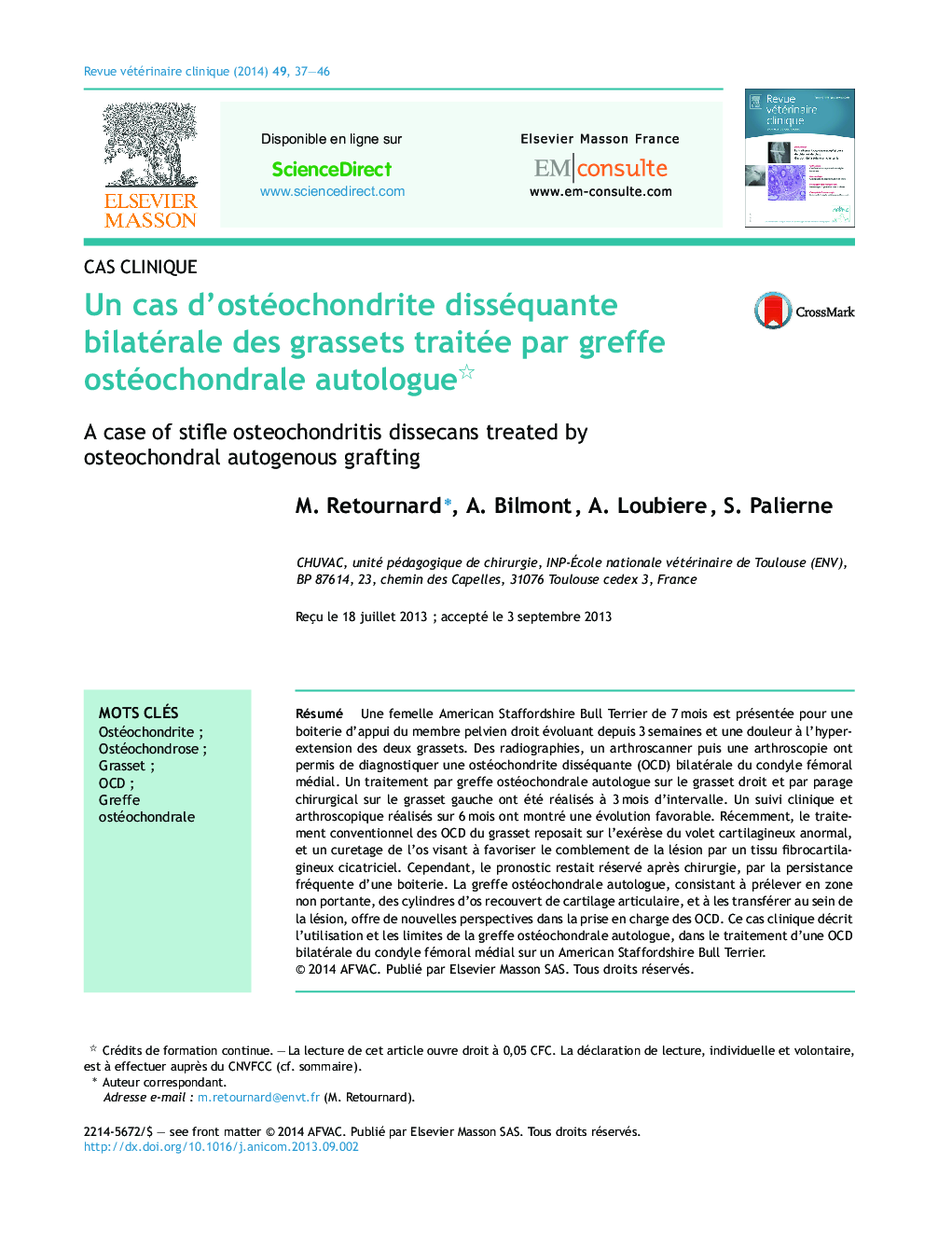 Un cas d’ostéochondrite disséquante bilatérale des grassets traitée par greffe ostéochondrale autologue 