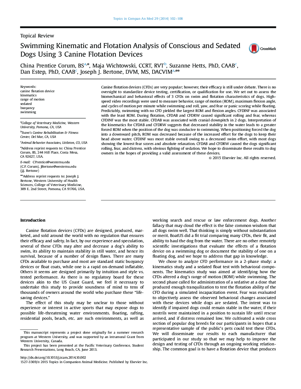 Swimming Kinematic and Flotation Analysis of Conscious and Sedated Dogs Using 3 Canine Flotation Devices 