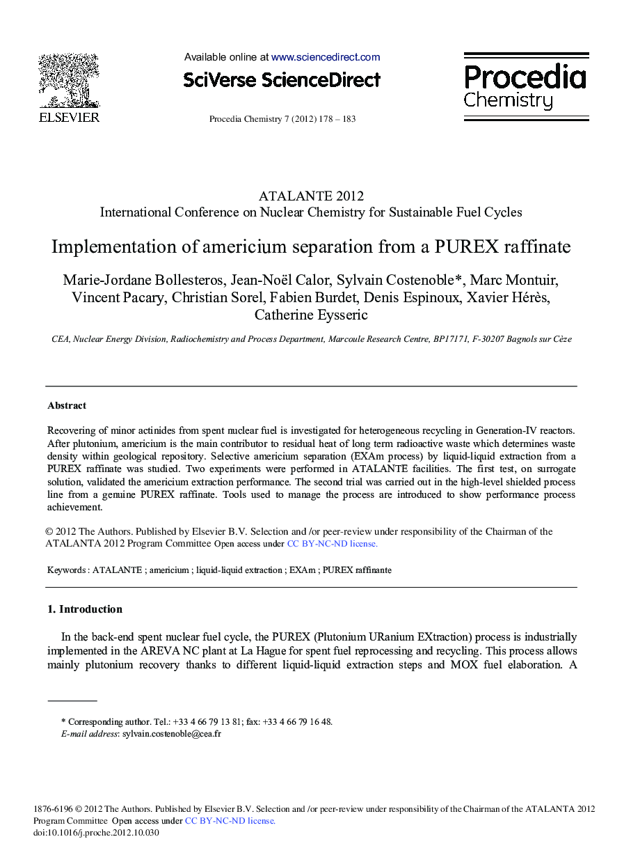 Implementation of Americium Separation from a PUREX Raffinate 