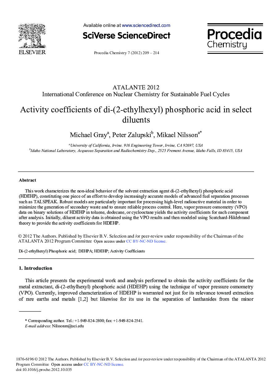 Activity Coefficients of di-(2-ethylhexyl) Phosphoric Acid in Select Diluents 