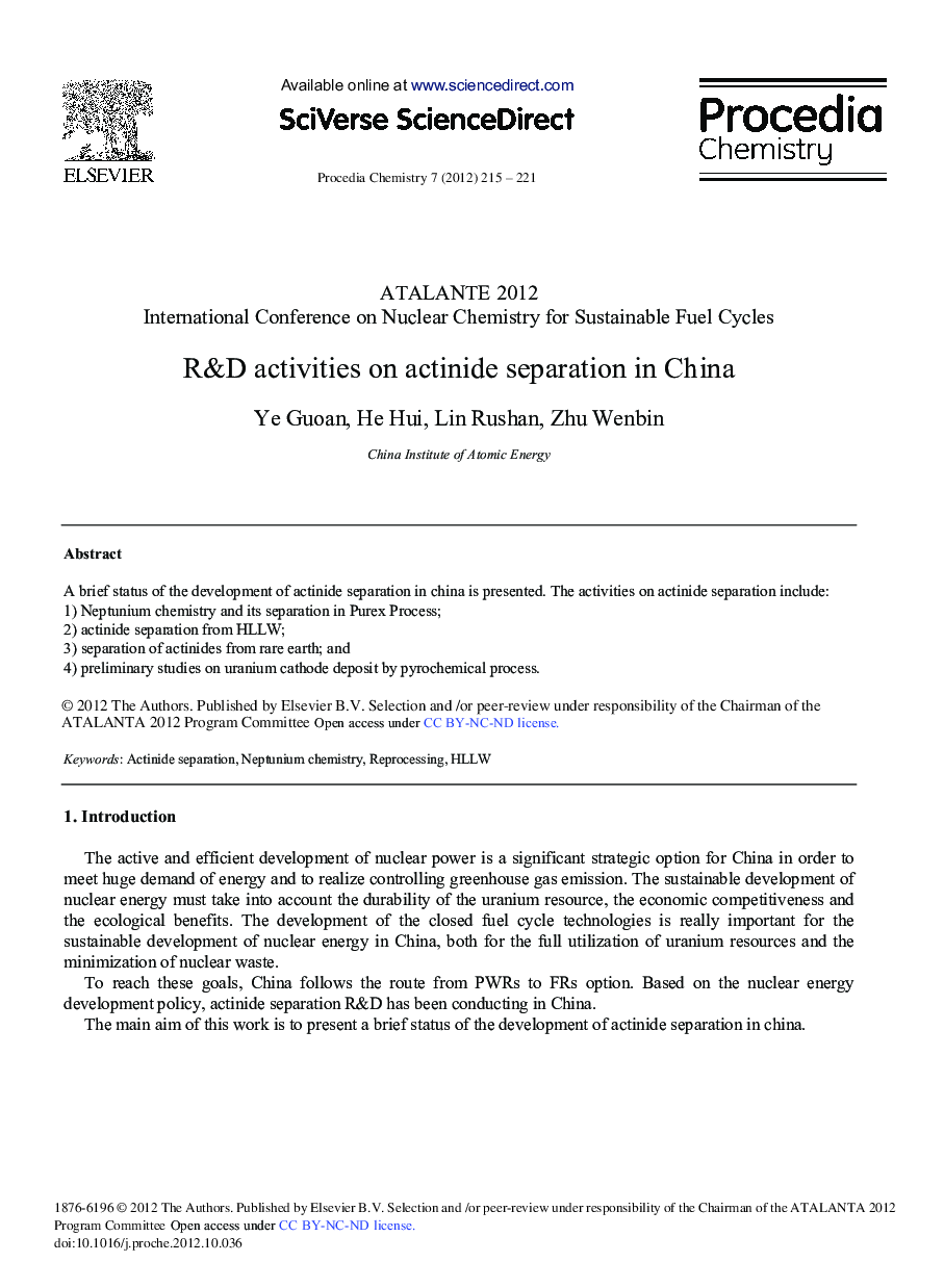 R&D Activities on Actinide Separation in China 