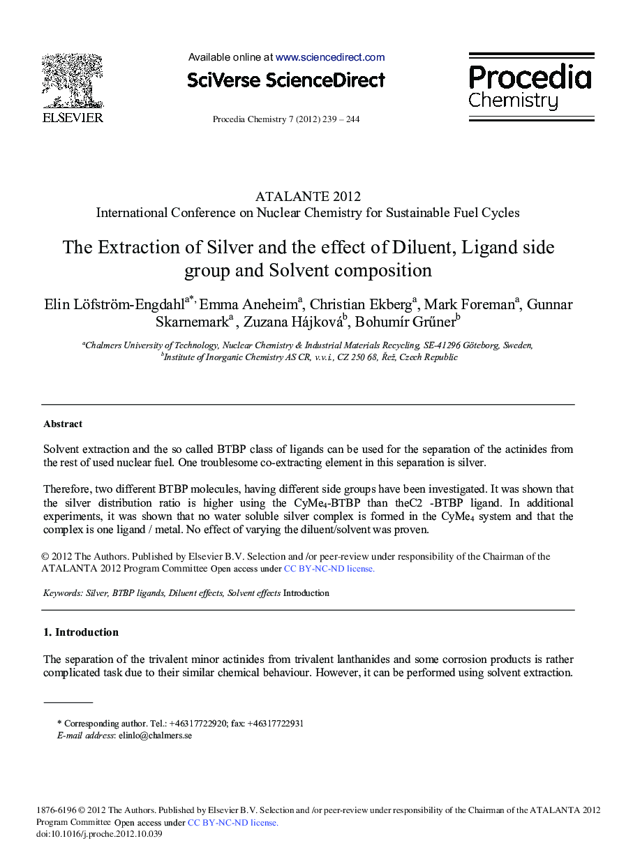 The Extraction of Silver and the Effect of Diluent, Ligand Side Group and Solvent Composition 