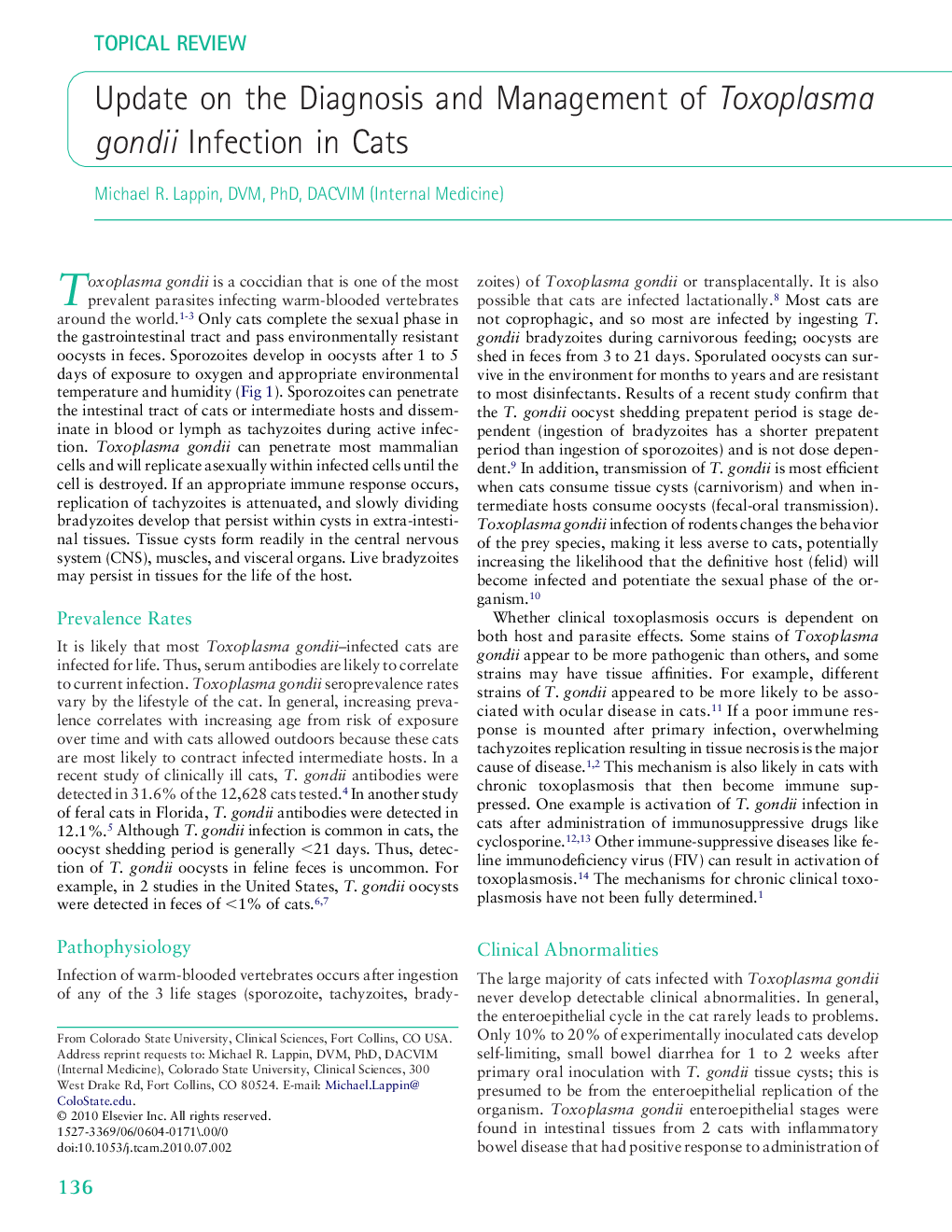 عکس صفحه اول مقاله: Update on the Diagnosis and Management of Toxoplasma gondii Infection in Cats Update on the Diagnosis and Management of Toxoplasma gondii Infection in Cats