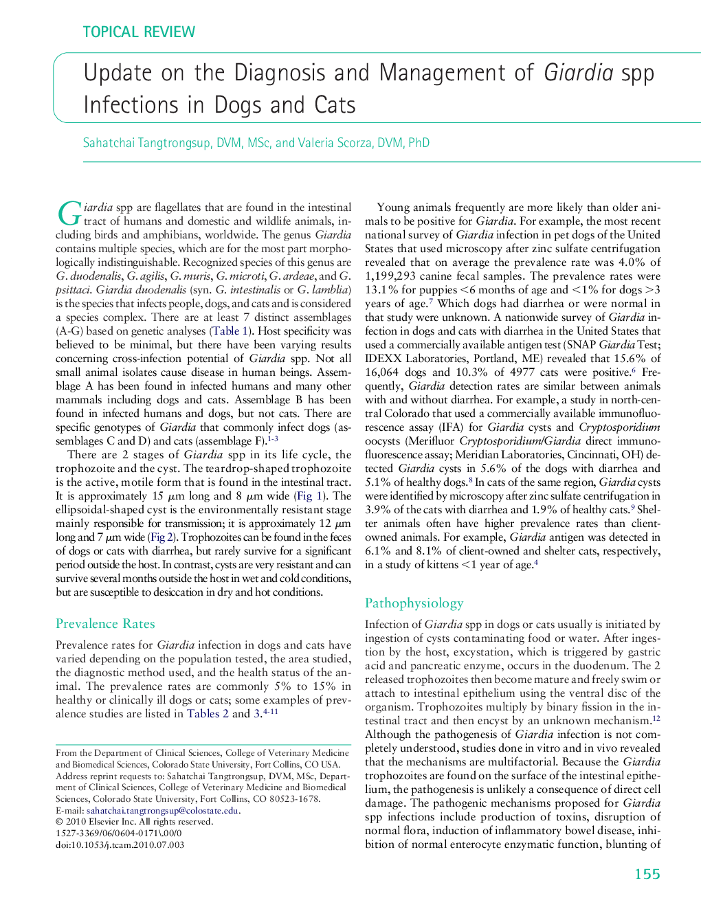 Update on the Diagnosis and Management of Giardia spp Infections in Dogs and Cats
