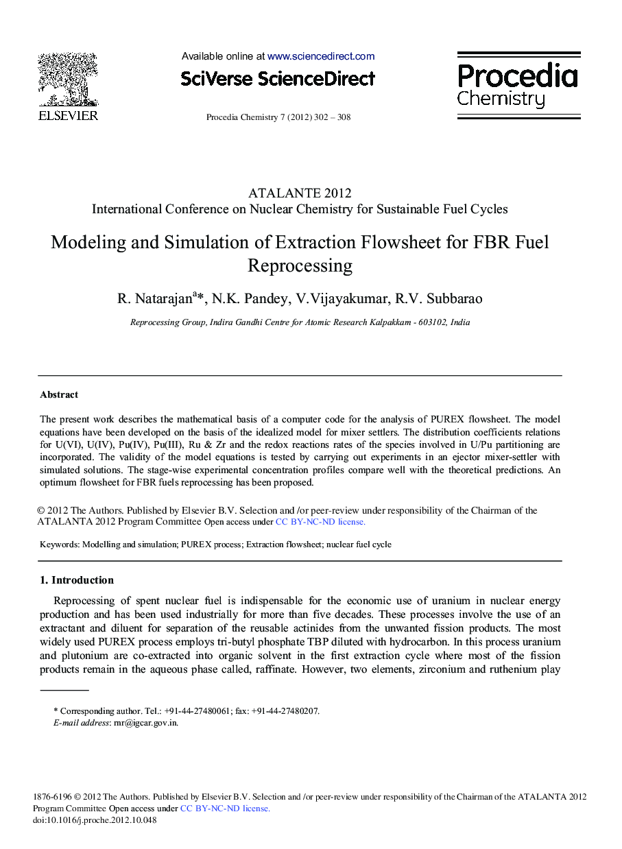 Modeling and Simulation of Extraction Flowsheet for FBR Fuel Reprocessing 