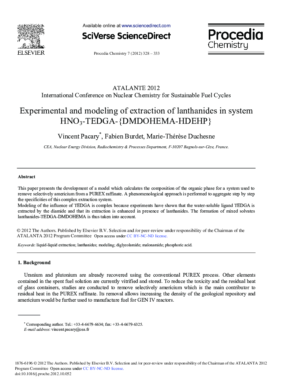 Experimental and Modeling of Extraction of Lanthanides in System HNO3-TEDGA-{DMDOHEMA-HDEHP} 