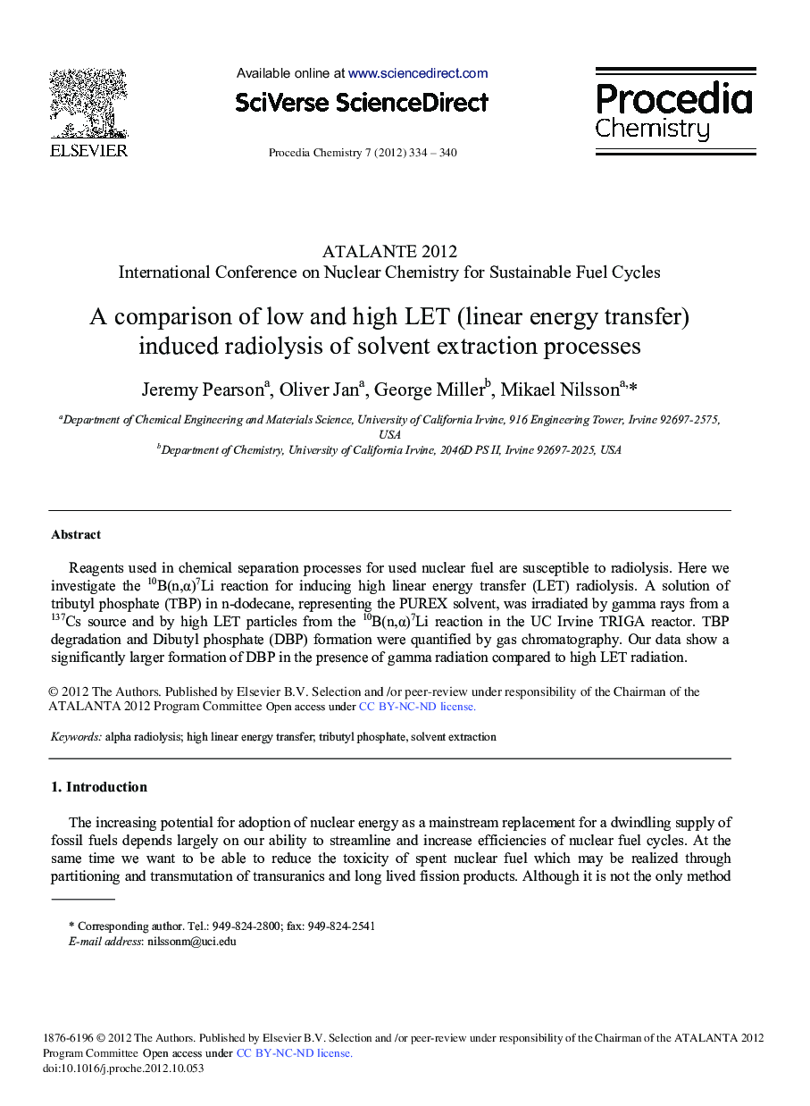 A Comparison of Low and High LET (Linear Energy Transfer) Induced Radiolysis of Solvent Extraction Processes 